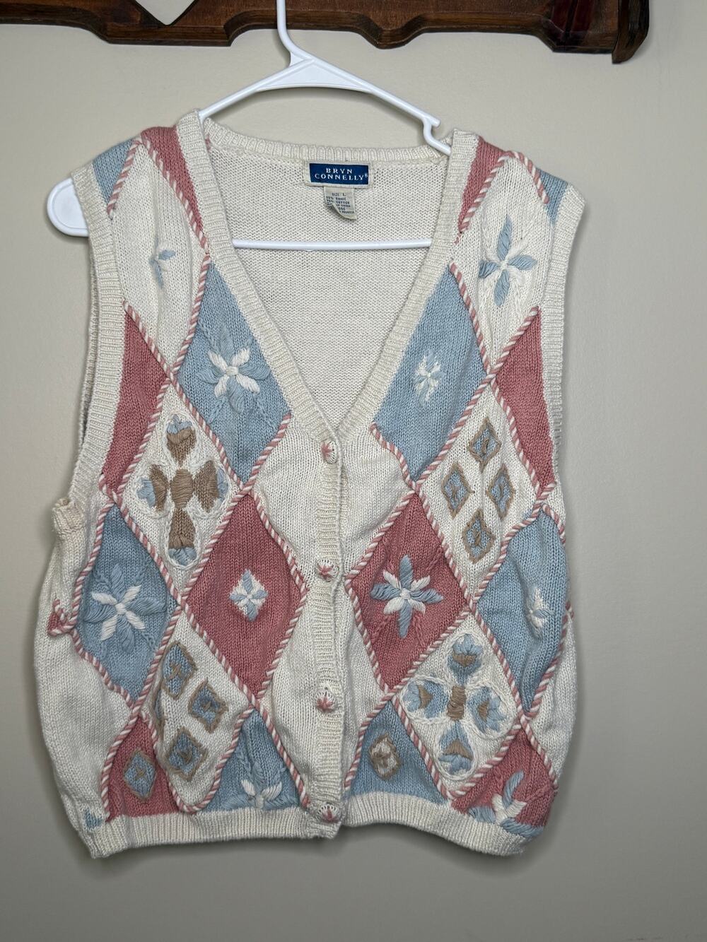Vintage Bryn Connelly Pastel Floral Argyle Knit Sweater Vest | Women’s Large